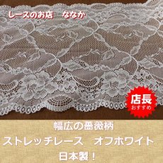 画像1: １ｍ！幅21.5cm美しい薔薇柄ラッセルストレッチレース　オフホワイト (1)