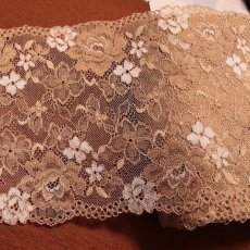 画像1: 【1m110円】ラッセルストレッチレース　ブラウン　幅16.８cm　薔薇柄　５ｍ (1)