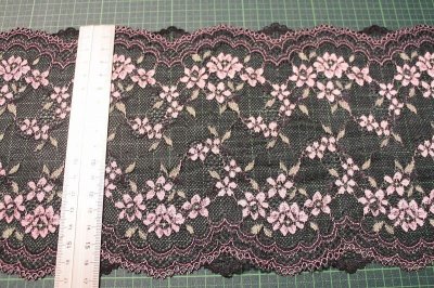 画像1: 【1m110円】ラッセルストレッチレース　ブラック　幅16.８cm　薔薇柄　3m