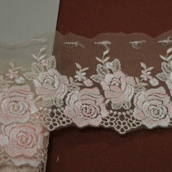 レースのお店 ななか ☆チュールレース ベージュ 幅9cm 薔薇柄 刺繍の