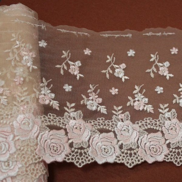 レースのお店 ななか ☆チュールレース ベージュ 幅17cm 薔薇柄 日本製 1m