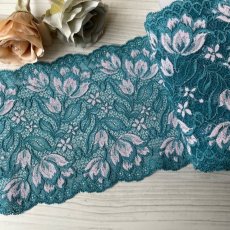 画像1: 【1m110円】ラッセルストレッチレース　グリーンシルバー幅16.1cm　チューリップ風　５ｍ巻 (1)