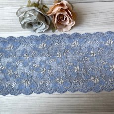 画像1: 【1m110円】ラッセルストレッチレース　デニムブルー　幅12.5cm　光沢のある花柄　　3ｍ巻 (1)