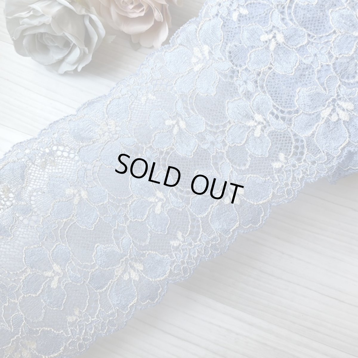 画像5: 【1m110円】ラッセルストレッチレース　デニムブルー　幅12.5cm　光沢のある花柄　　５ｍ巻 (5)