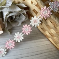 画像1: 1ｍ！幅1.9cm交互のお花柄ケミカルレース　ピンクとオフホワイト　日本製 (1)