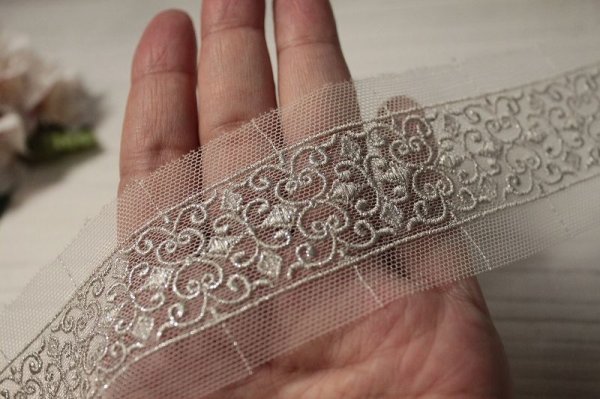 レースのお店 ななか ☆【日本製】チュールレース シルバー 幅5cm 繊細