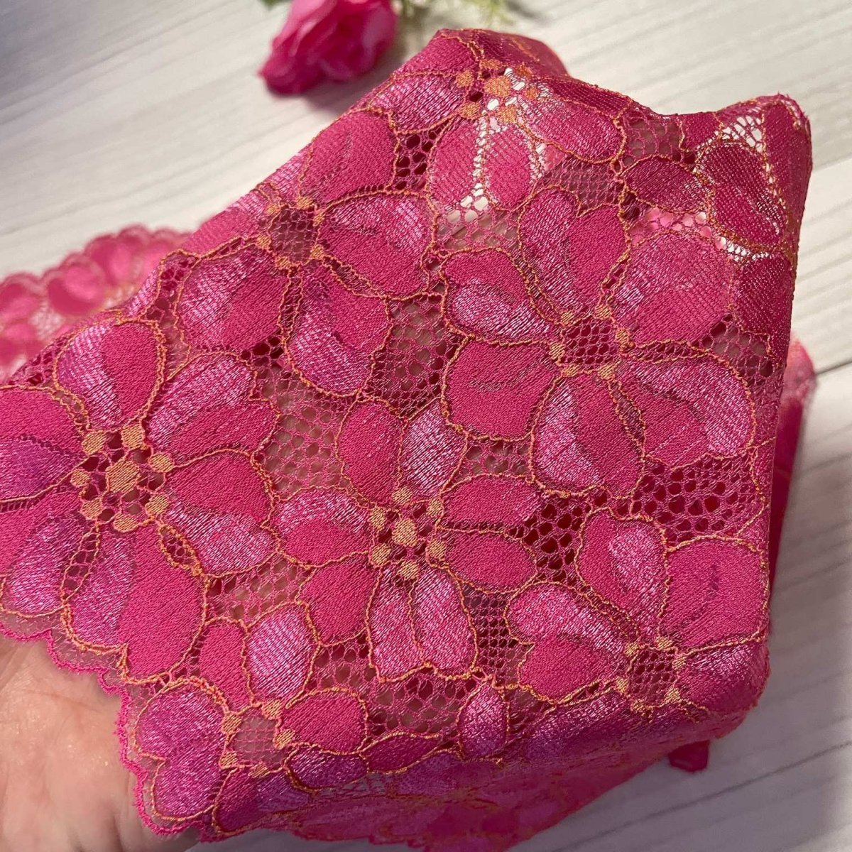 画像4: 【クリックポスト送料無料】1100円!派手ピンク赤系ラッセルストレッチレース１m×５点高品質な日本製 (4)