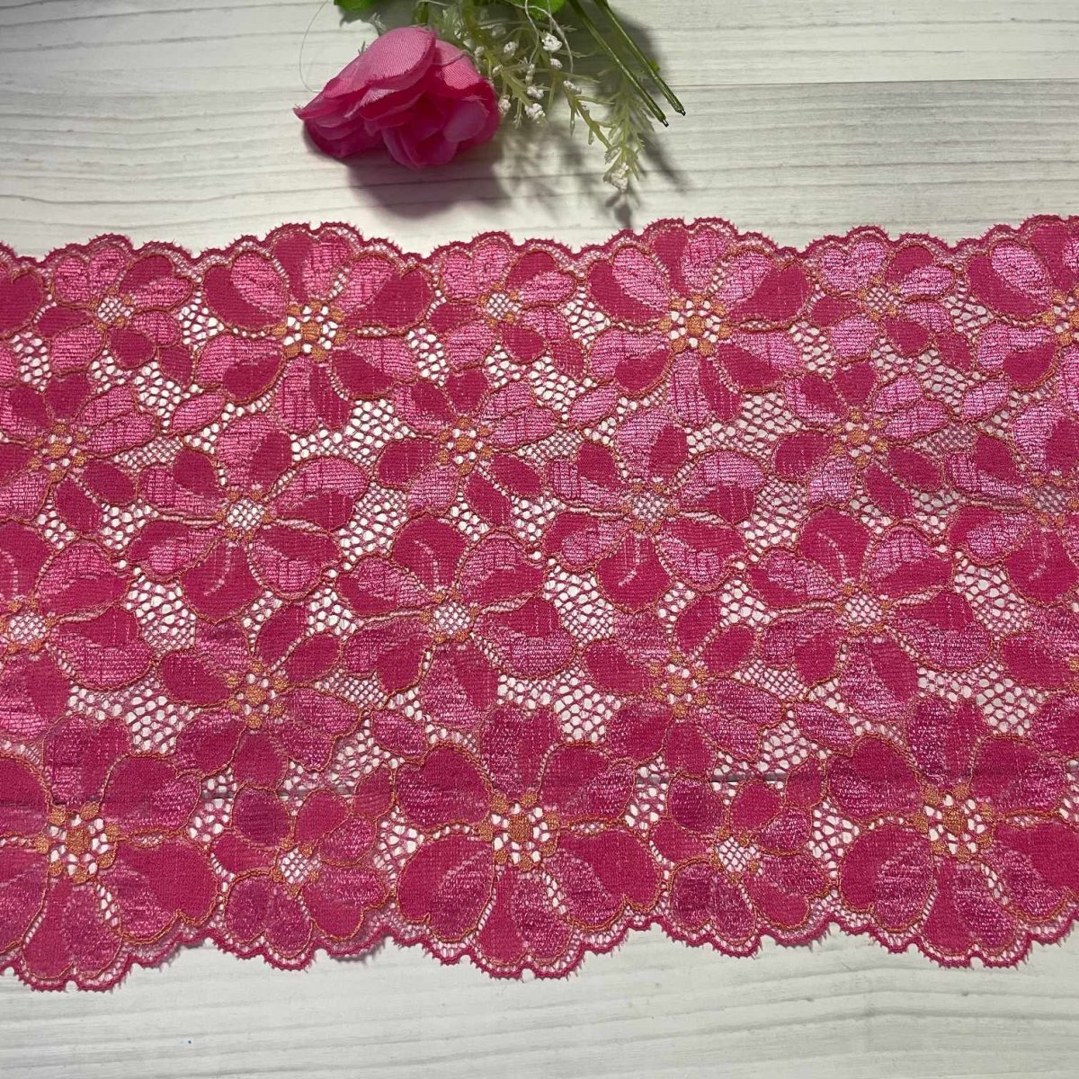 画像3: 【クリックポスト送料無料】1100円!派手ピンク赤系ラッセルストレッチレース１m×５点高品質な日本製 (3)