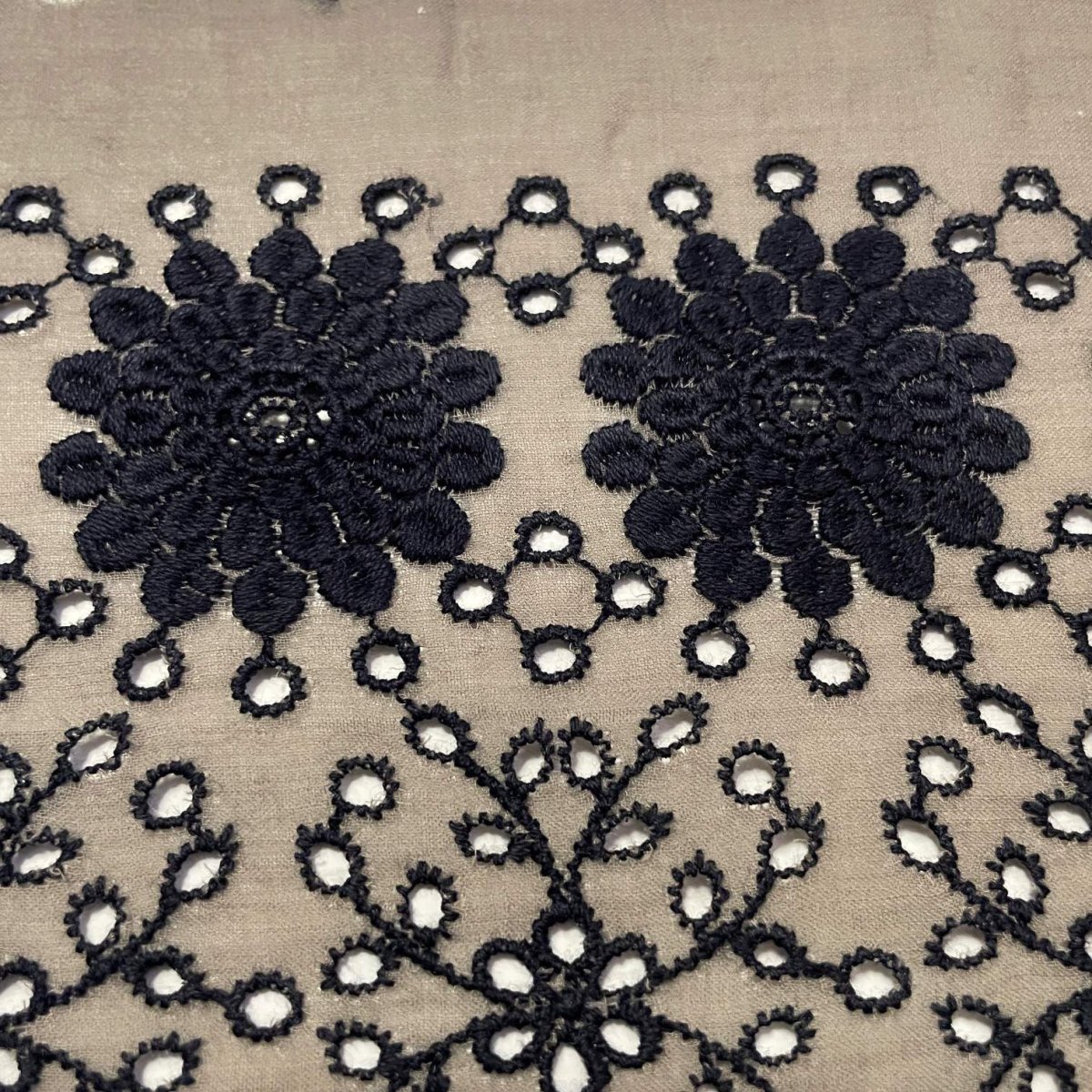 画像3: 【高品質な日本製】刺繍レース　カーキブラック　幅19.5cm　1ｍ　可愛いスカラと大胆な花柄 (3)