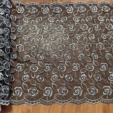 画像2: 【高品質な日本製】チュールレース　ブラックシルバー　幅43cm　1ｍ　透け感のある薔薇柄 (2)