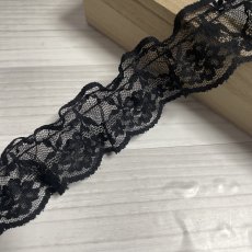 画像1: 日本製ラッセルフリルレース　４ｃｍ　薔薇柄　　黒 (1)
