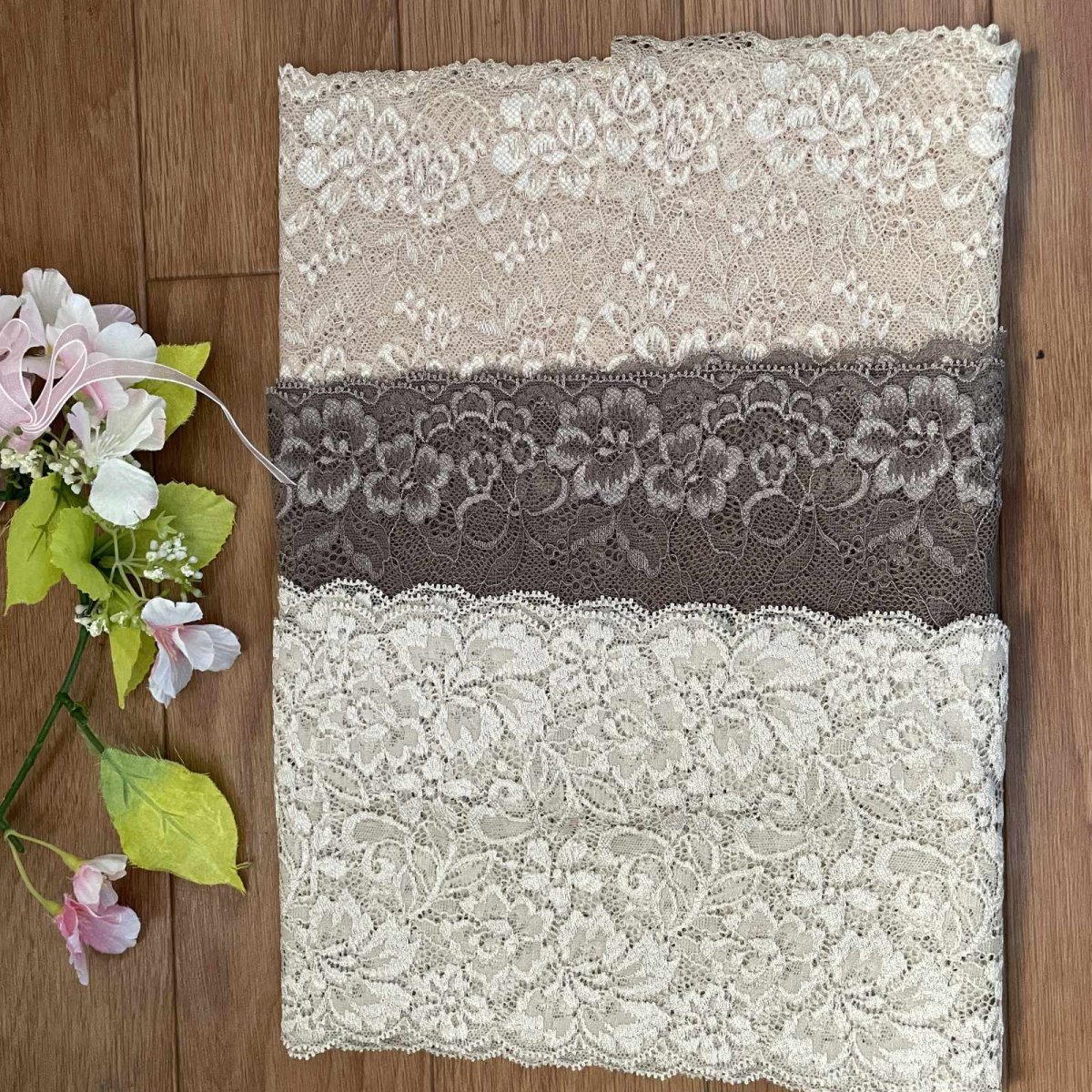 画像3: 【クリックポスト送料無料】1100円!ベージュブラウン系ラッセルストレッチレース2m×３点セット高品質な日本製 (3)