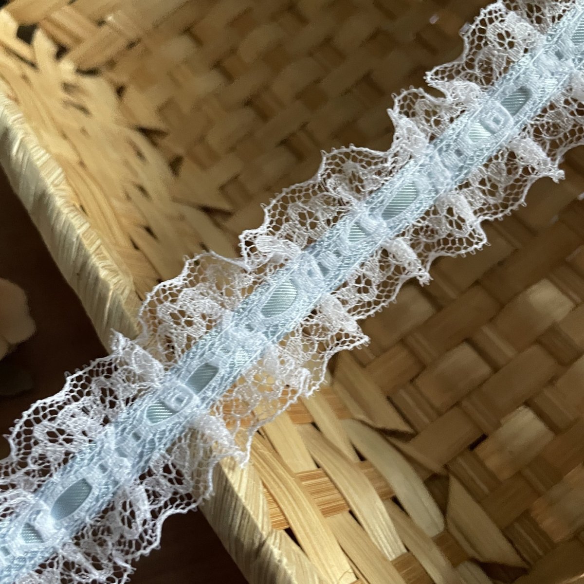 画像2: 日本製フリルラッセルレース　淡いブルー　幅2.6ｃｍリボン通し風　3ｍ (2)