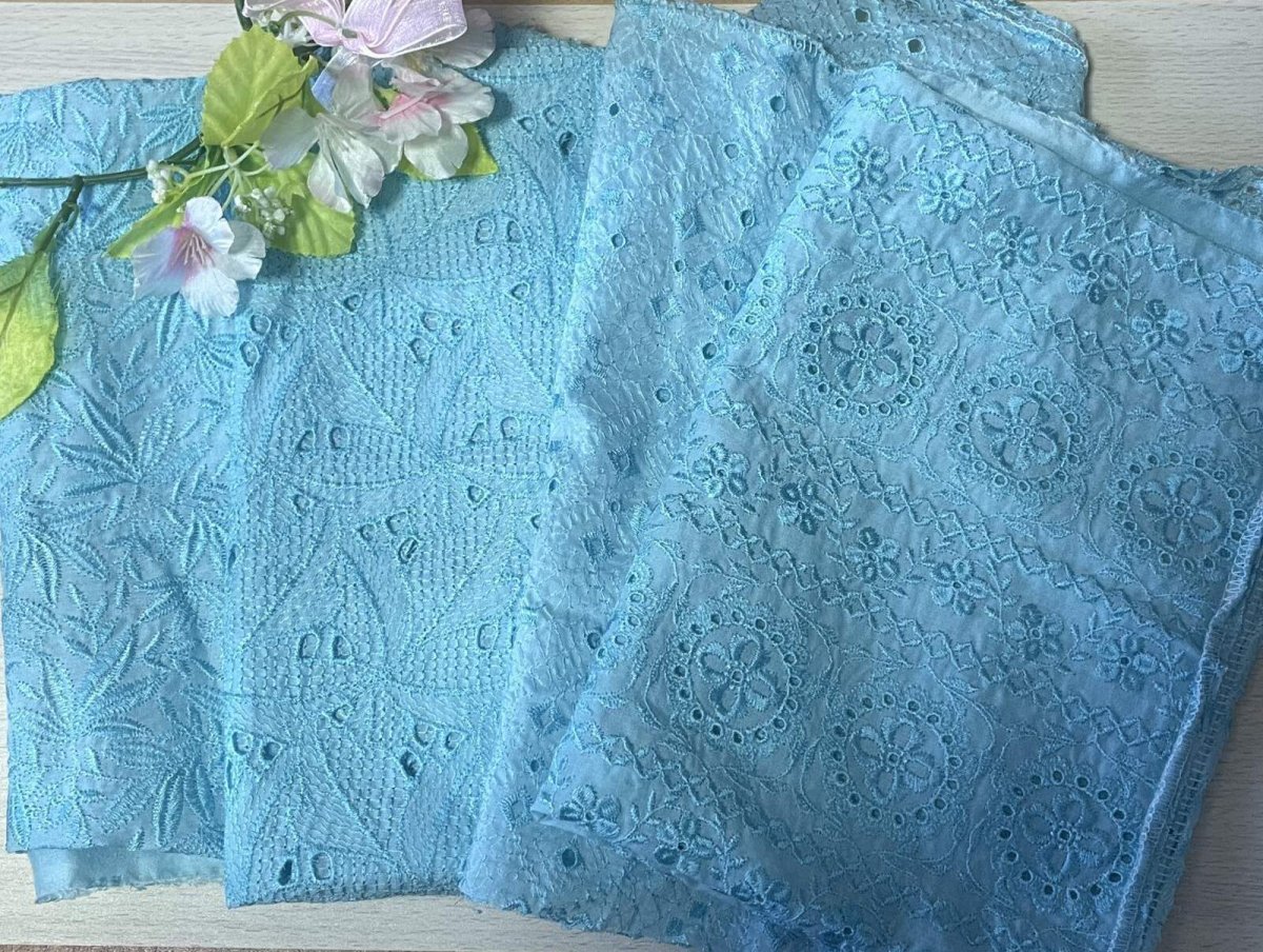 画像1: 【日本製】刺繍レース生地　計165cm　4枚組　きれいな刺繍レース　ターコイズブルー (1)