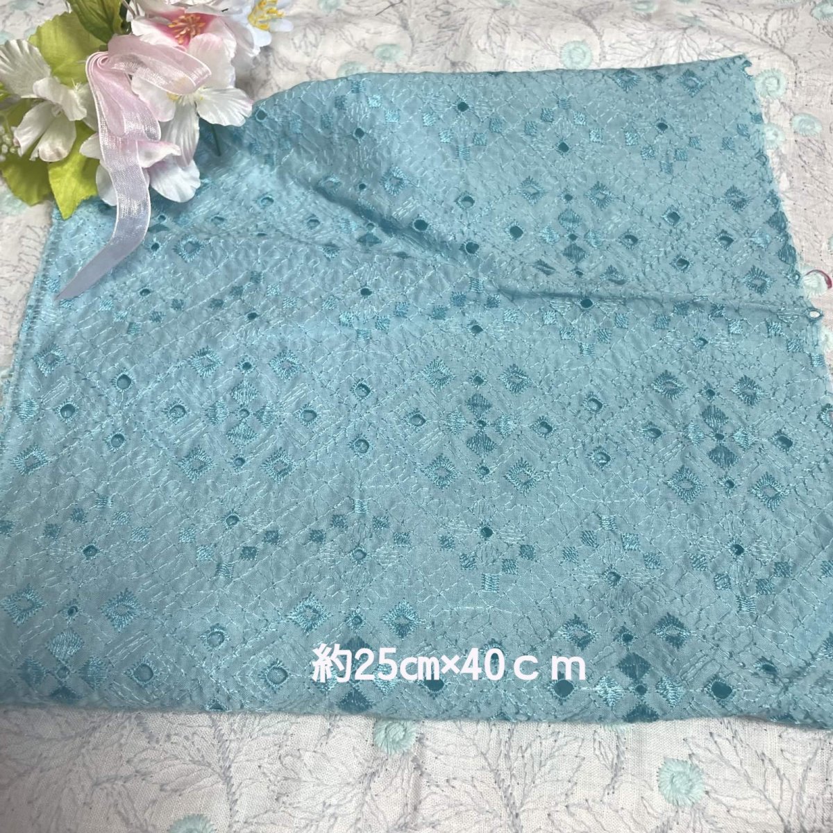 画像5: 【日本製】刺繍レース生地　計165cm　4枚組　きれいな刺繍レース　ターコイズブルー (5)