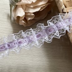 画像1: 日本製ラッセルフリルレース　パープル色　幅2.5ｃｍリボン通し風　3ｍ　 (1)