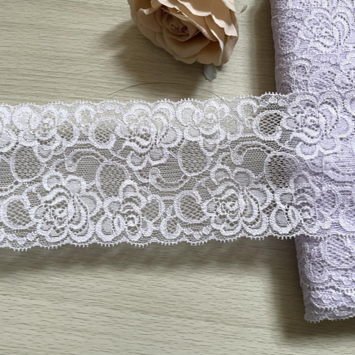 画像7: 【高品質な日本製】５ｍ！幅8.6cm薔薇柄ラッセルストレッチレース　パープル　 (7)