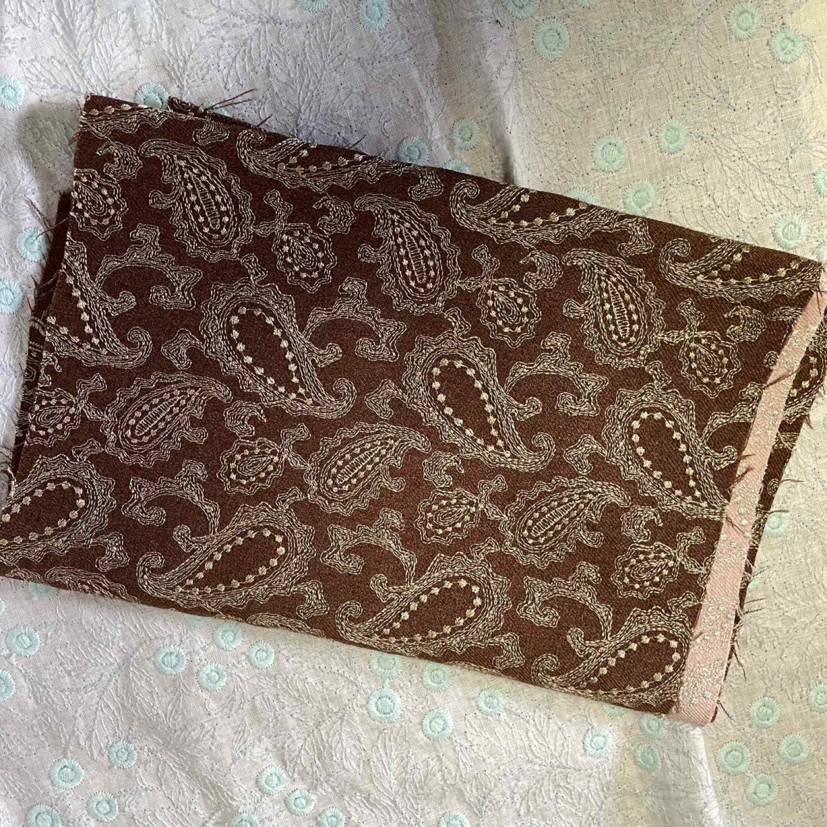 画像2: 【日本製】刺繍レース生地　約70cm×約1.2cm　金糸を使ったペーズリー刺しゅう　ブラウン (2)