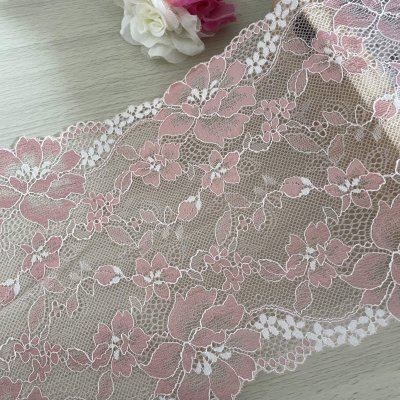 画像2: 【日本製】ラッセルストレッチレース　コーラルピンク　幅17.2cm　薔薇柄　3ｍ巻
