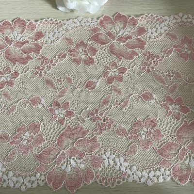 画像1: 【日本製】ラッセルストレッチレース　コーラルピンク　幅17.2cm　薔薇柄　3ｍ巻