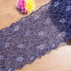 画像1: 【日本製】ラッセルストレッチレース　シックなネイビー　幅16cm　綺麗な花柄　５m (1)