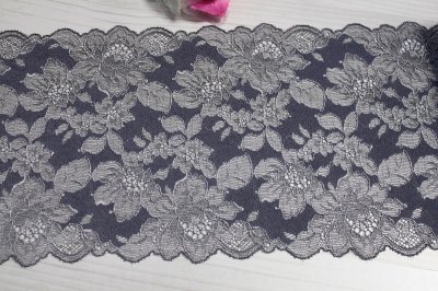 画像1: 【日本製】ラッセルストレッチレース　シャドウグレー　幅16.5cmハワイアン薔薇柄　5ｍ巻