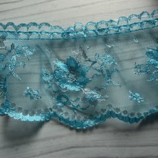 画像5: 日本製ラッセルフリルレース　スカイブルー　7ｃｍ薔薇柄　 (5)
