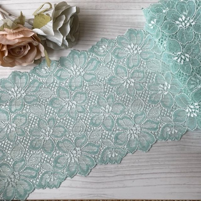 レースのお店 ななか ☆【1m110円】ラッセルストレッチレース グリーン幅16cm 綺麗な花柄 ３m